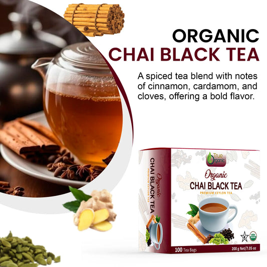 Organic chai black tea box with cup, cinnamon sticks, ginger, cardamom, and star anise spices