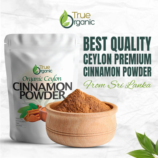 True Organic Ceylon cinnamon powder in wooden bowl with packaging and text from Sri Lanka
