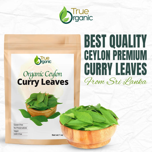 True Organic brand package of 1 oz organic Ceylon curry leaves with a wooden bowl of fresh green curry leaves