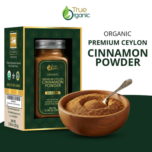 Organic premium Ceylon cinnamon powder jar and wooden bowl with spoon, True Organic brand packaging