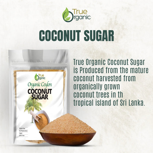True Organic Coconut Sugar package and wooden bowl with coconut sugar, gluten-free, vegan, GMO-free