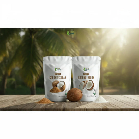 Organic coconut sugar and coconut flour packages on wooden table with palm trees background