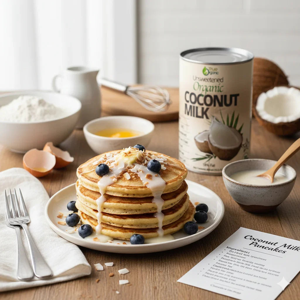 Stack of coconut milk pancakes topped with blueberries and coconut flakes on a plate, surrounded by ingredients and a recipe card