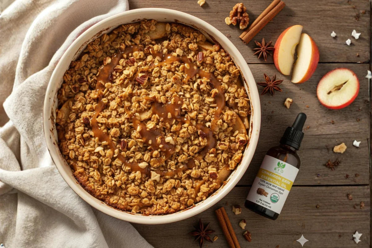 Apple crisp dessert with cinnamon essential oil, cinnamon sticks, walnuts, and apple slices on wooden table