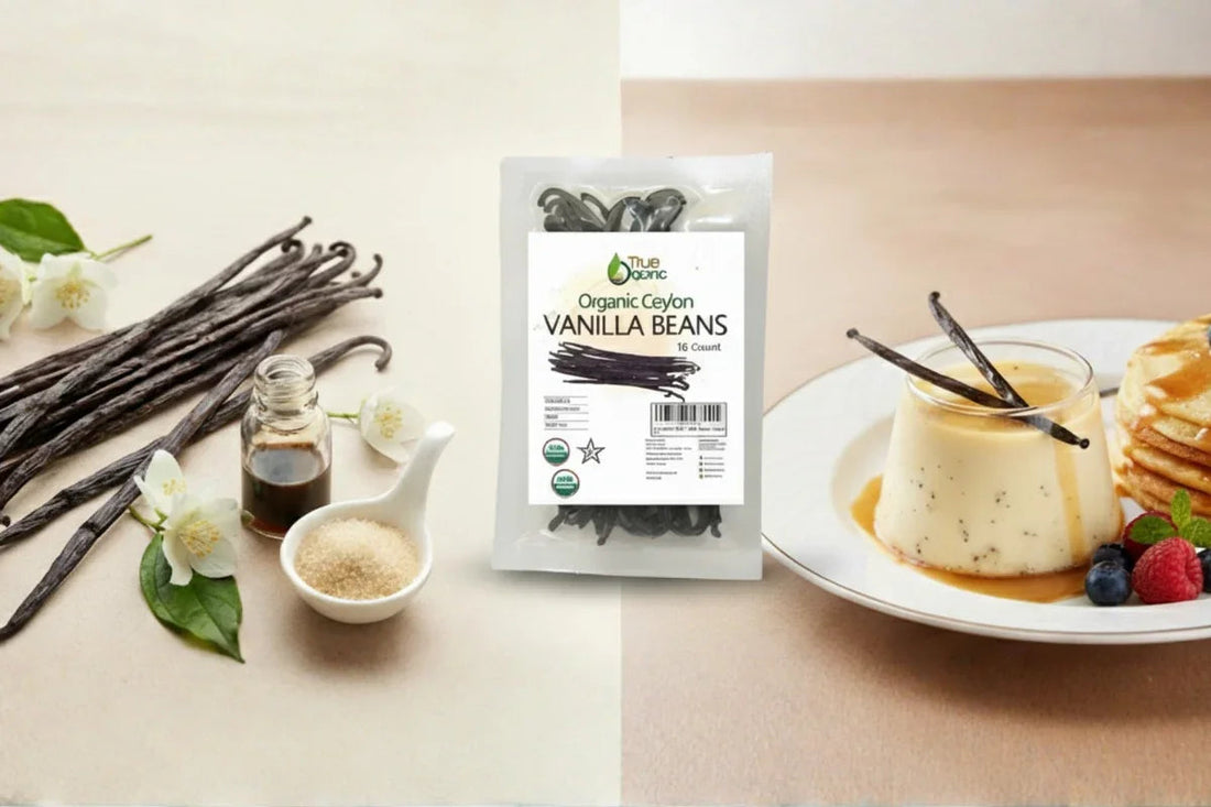 Organic Ceylon vanilla beans packet with fresh pods, vanilla extract, sugar, and vanilla custard dessert with pancakes