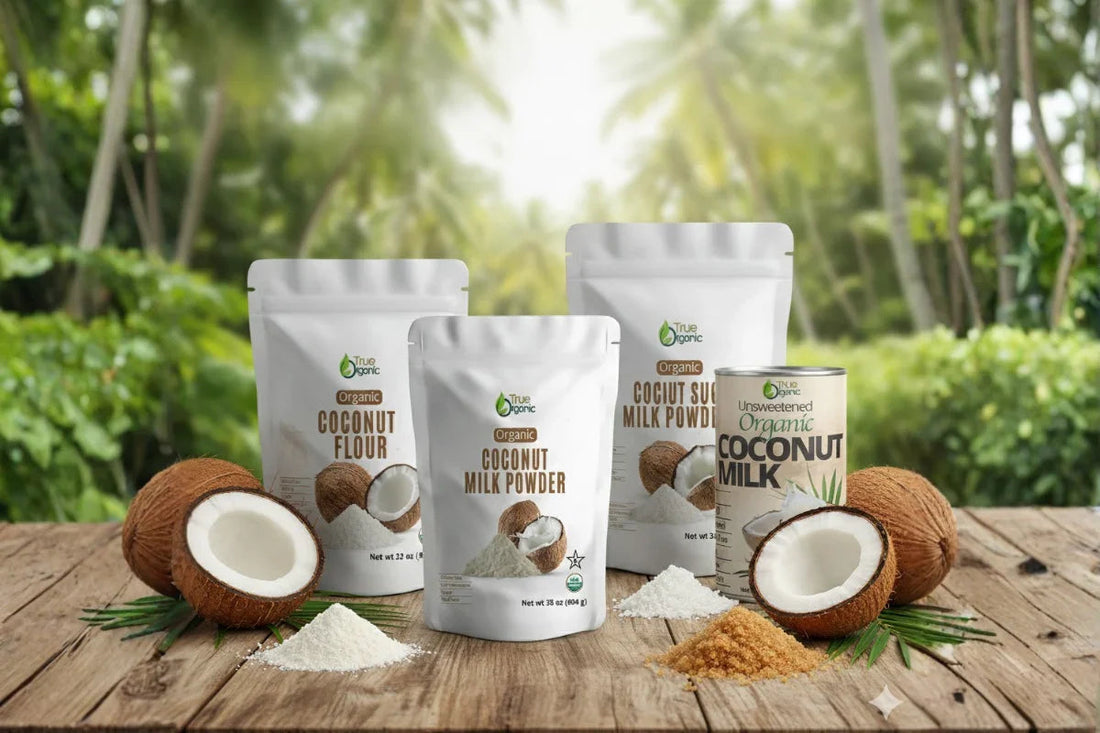 Organic coconut products including flour, milk powder, sugar milk powder, and unsweetened coconut milk with fresh coconuts