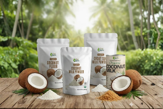 Organic coconut products including flour, milk powder, sugar milk powder, and unsweetened coconut milk with fresh coconuts