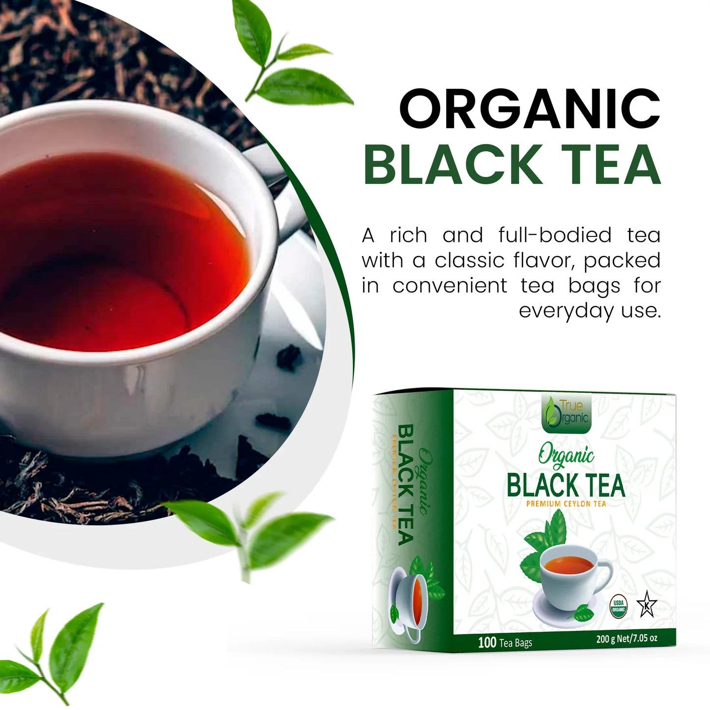 Organic black tea cup with rich amber tea and 100 tea bags pack showcasing premium Ceylon black tea