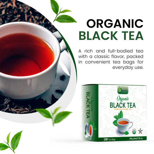 Organic black tea cup with rich amber tea and 100 tea bags pack showcasing premium Ceylon black tea