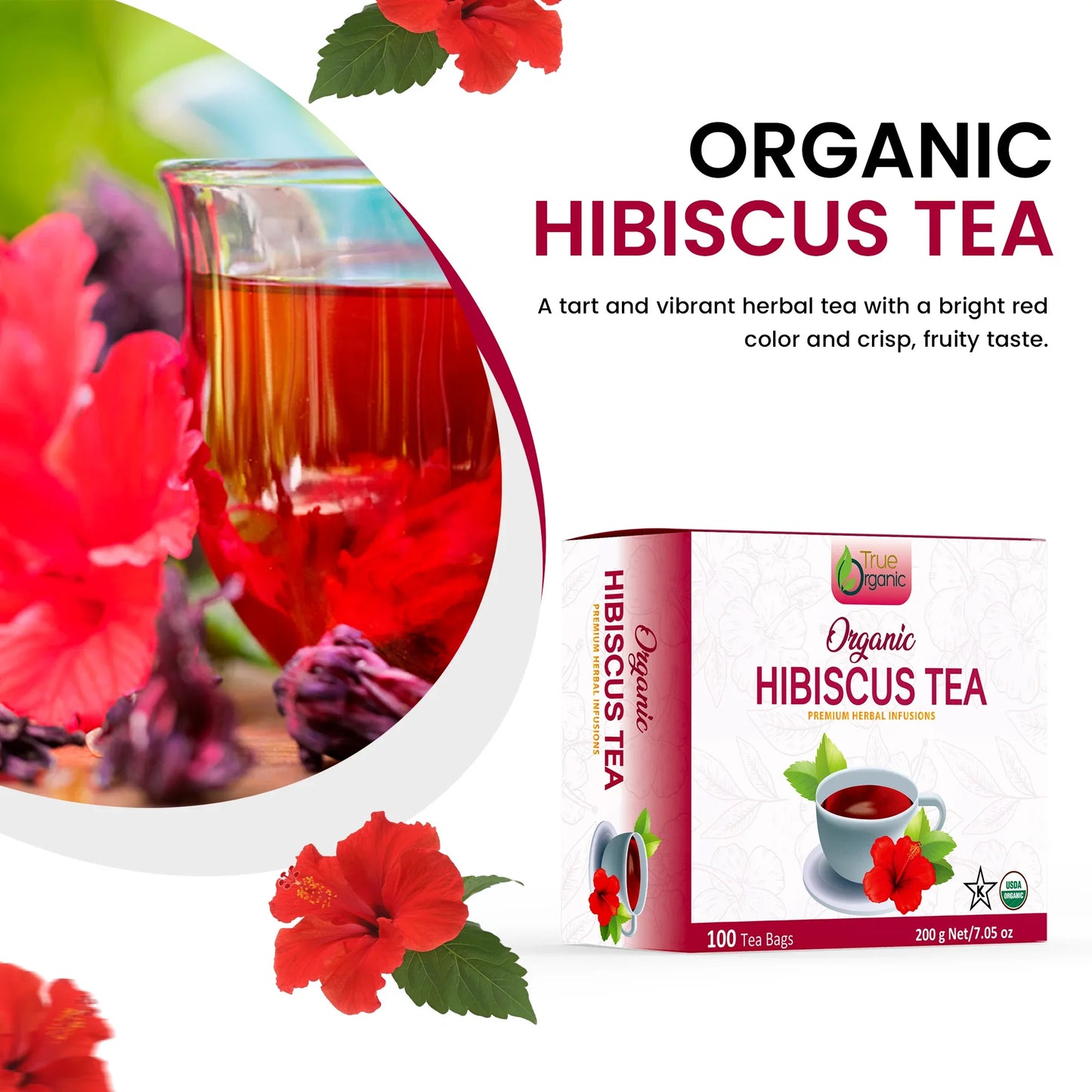 Organic hibiscus tea packaging and a glass of bright red herbal tea with hibiscus flowers