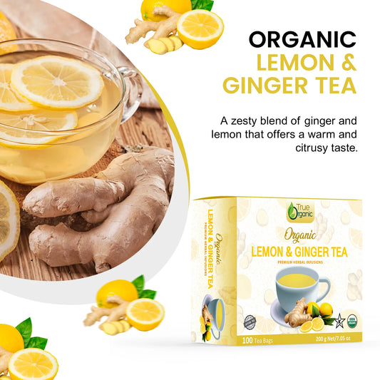 Organic lemon and ginger tea cup with fresh ginger root and lemon slices on wood