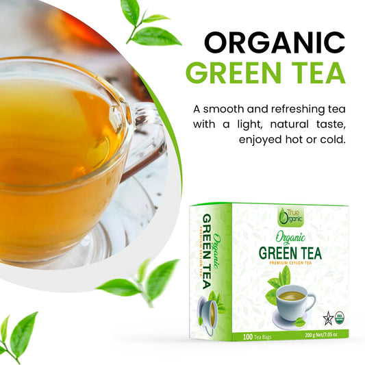 Organic green tea cup and box with 100 tea bags, premium Ceylon tea, fresh green leaves