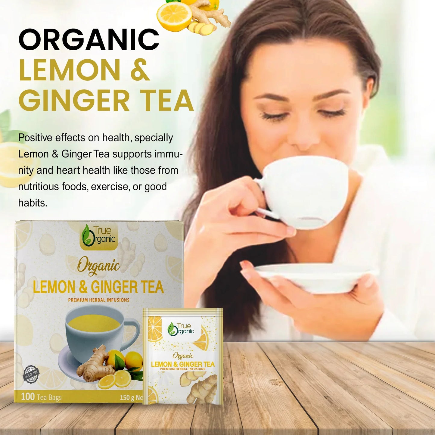 Woman enjoying organic lemon and ginger tea with product box and tea bag on wooden table