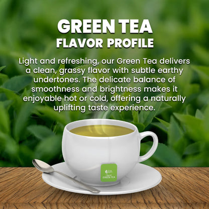 White cup of organic green tea on saucer with spoon on wooden table and green tea flavor profile text