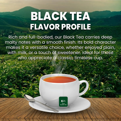 Steaming cup of organic black tea on wooden table with tea plantation and flavor profile text
