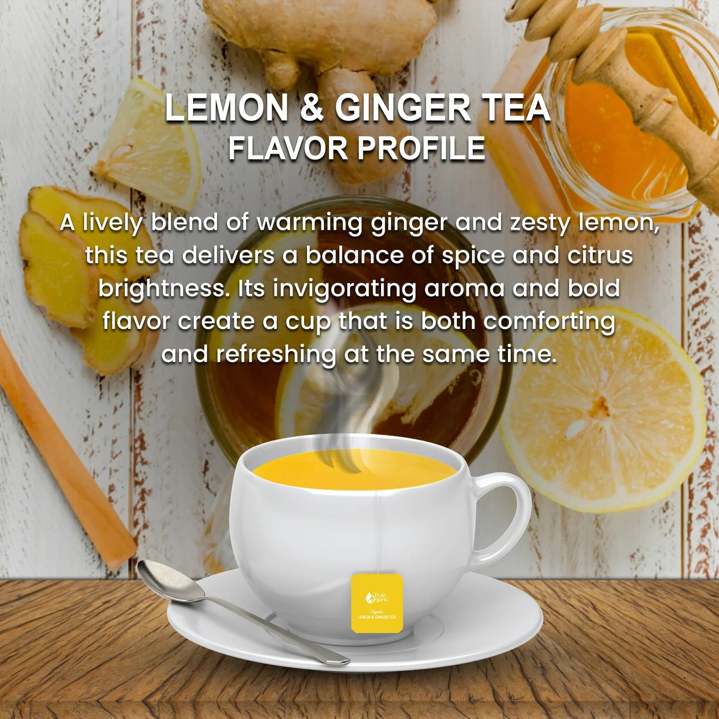 White cup of steaming lemon and ginger tea with honey, sliced lemon, and fresh ginger on wood table