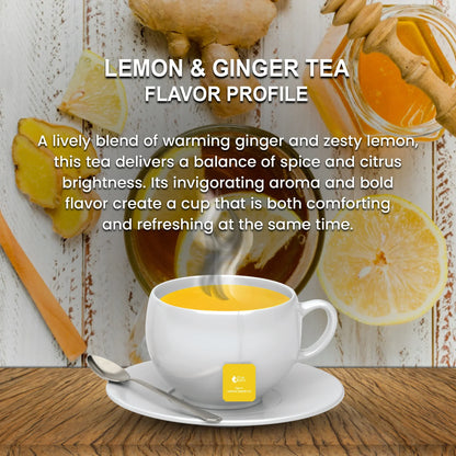 White cup of steaming lemon and ginger tea with honey, sliced lemon, and fresh ginger on wood table
