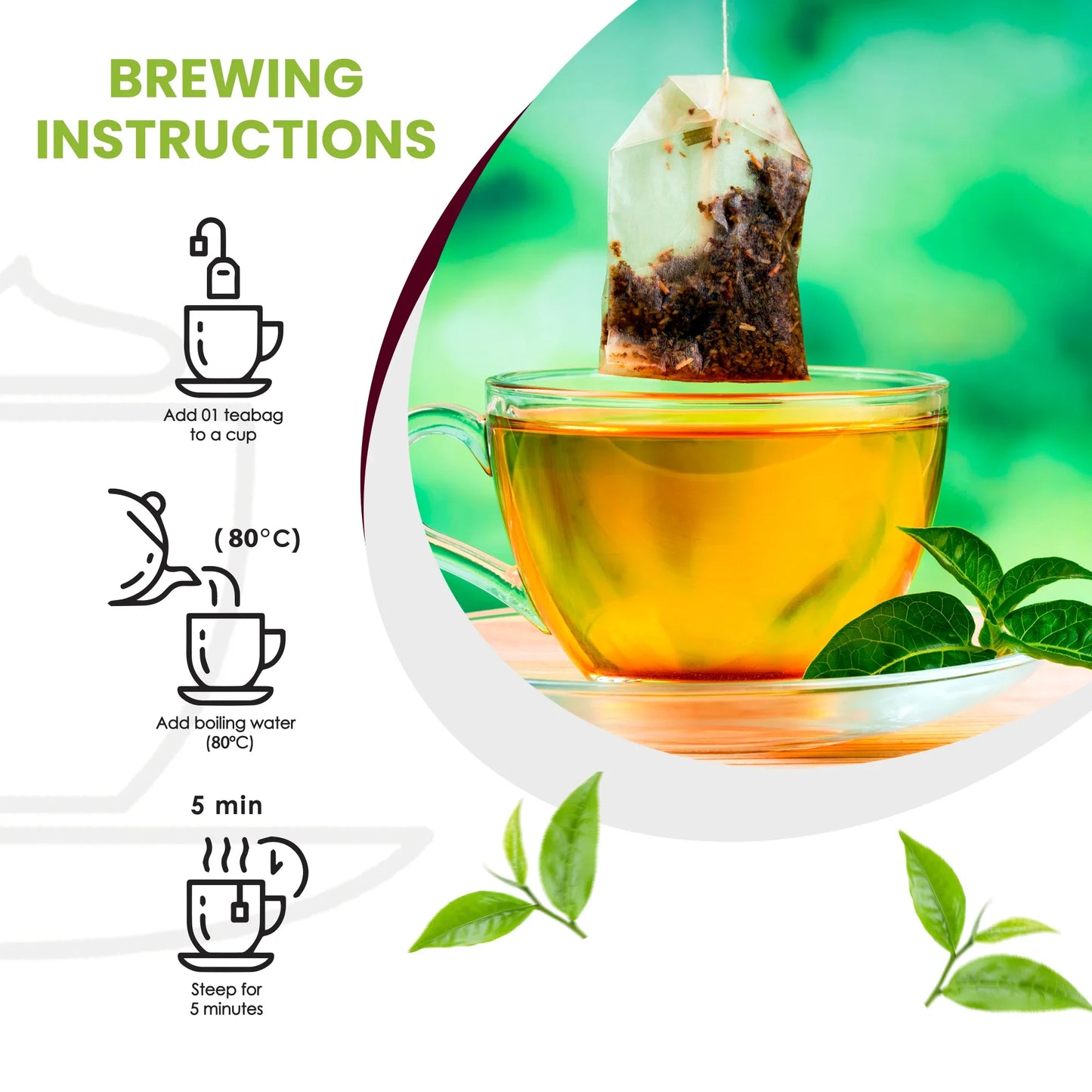 Clear cup of brewed tea with tea bag and green leaves, brewing instructions with icons
