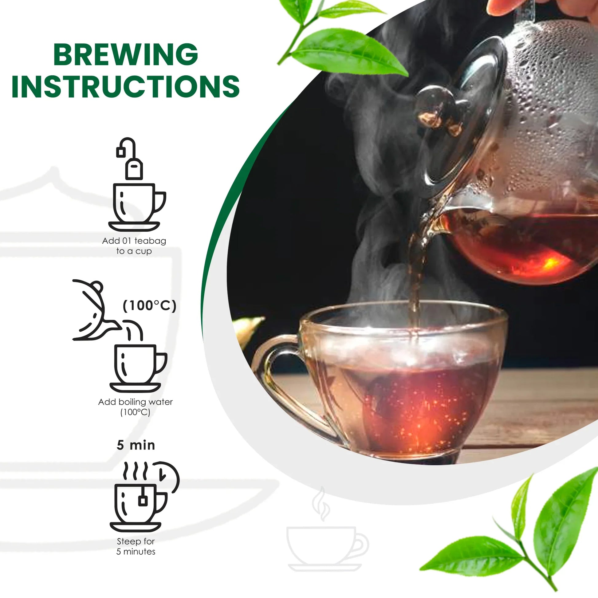 Brewing instructions for tea with icons and steaming tea being poured from a glass teapot into a clear glass cup