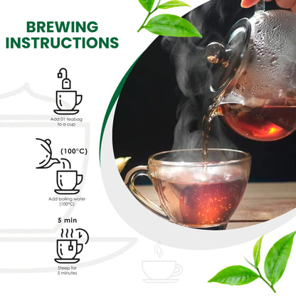 Brewing instructions for tea with icons and steaming tea being poured from a glass teapot into a clear glass cup
