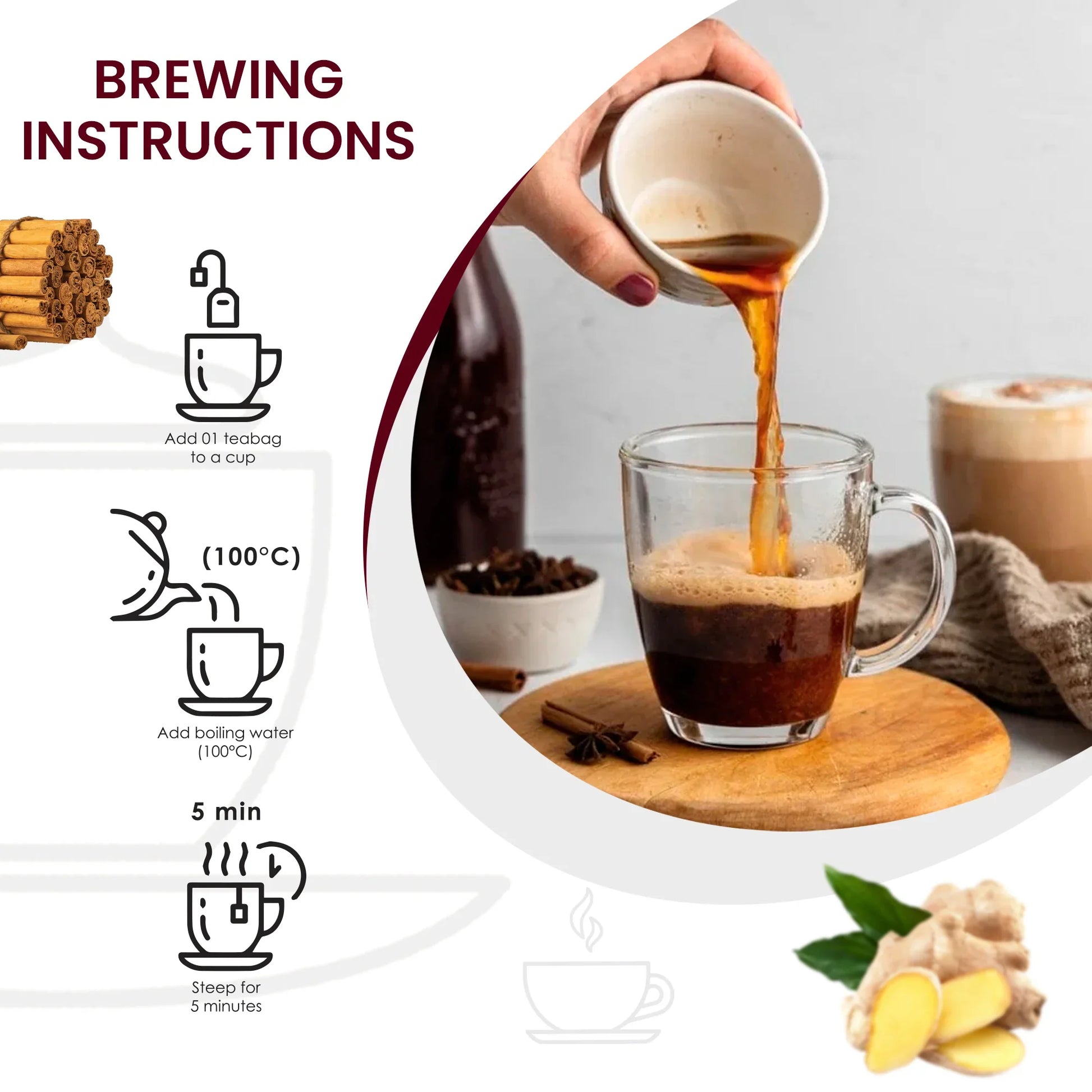 Hand pouring hot tea into glass cup on wooden board with cinnamon and ginger, brewing instructions