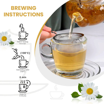 Brewing instructions for tea with steaming hot water poured through a tea strainer into a glass cup
