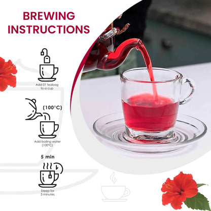 Red hibiscus tea being poured from teapot into glass cup with brewing instructions and hibiscus flowers