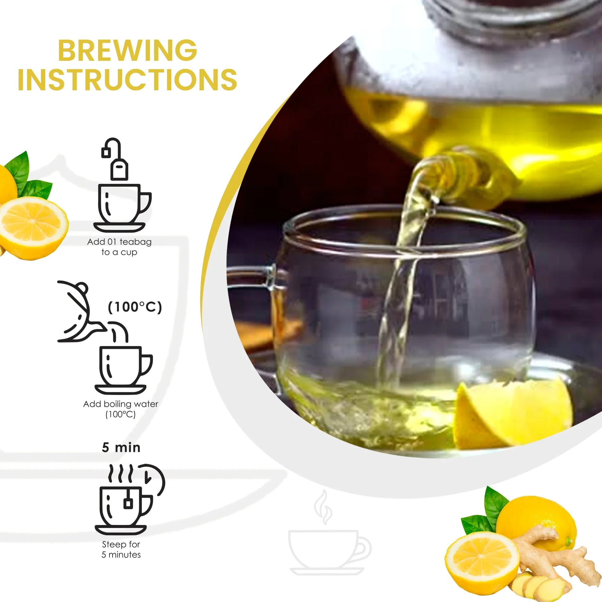Glass teacup with hot lemon ginger tea being poured from teapot, brewing instructions with lemon and ginger