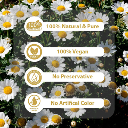 White daisies background with text highlighting 100% natural, vegan, no preservatives, no artificial color