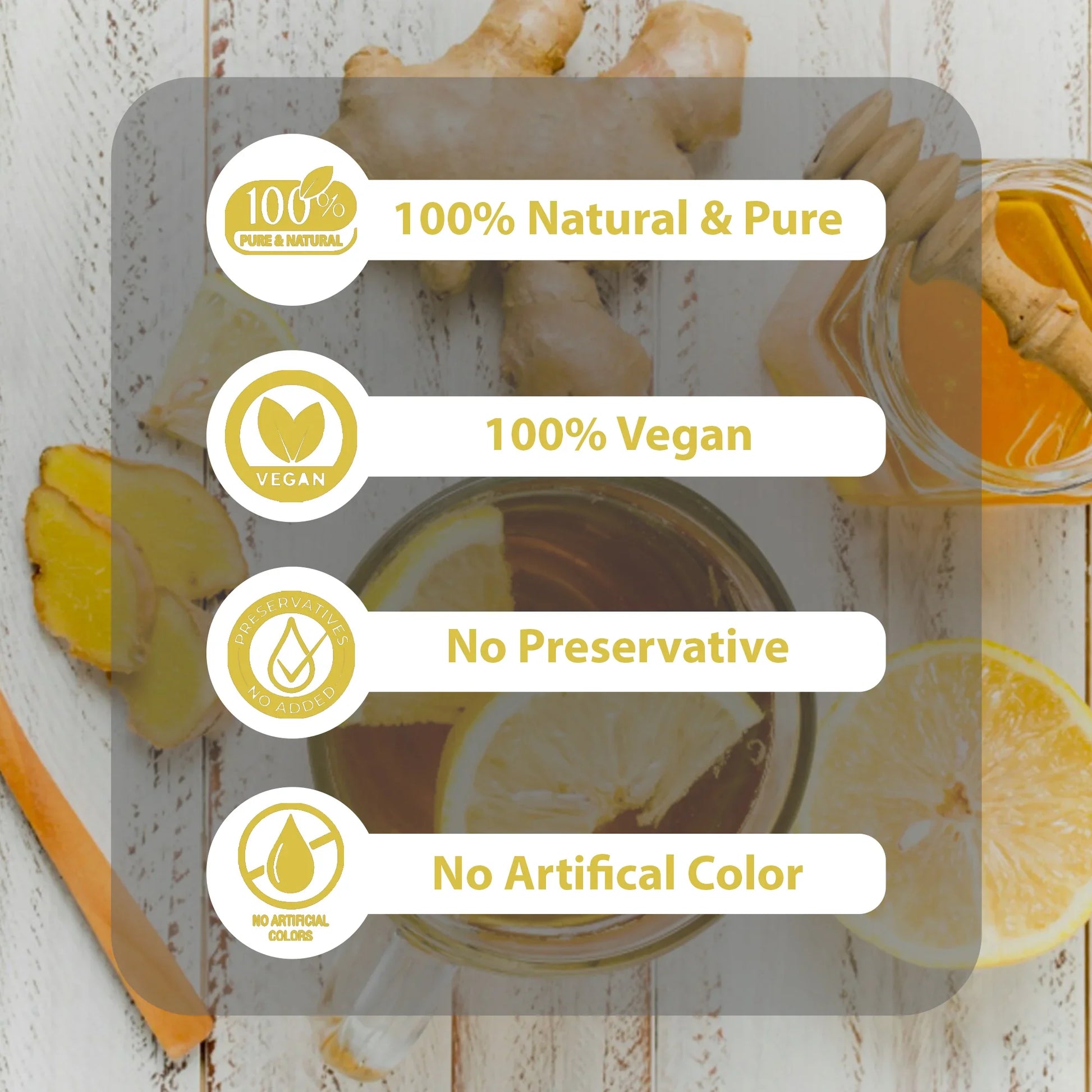 Natural ingredients with ginger, lemon, honey, and herbal tea labeled 100% natural, vegan, preservative-free