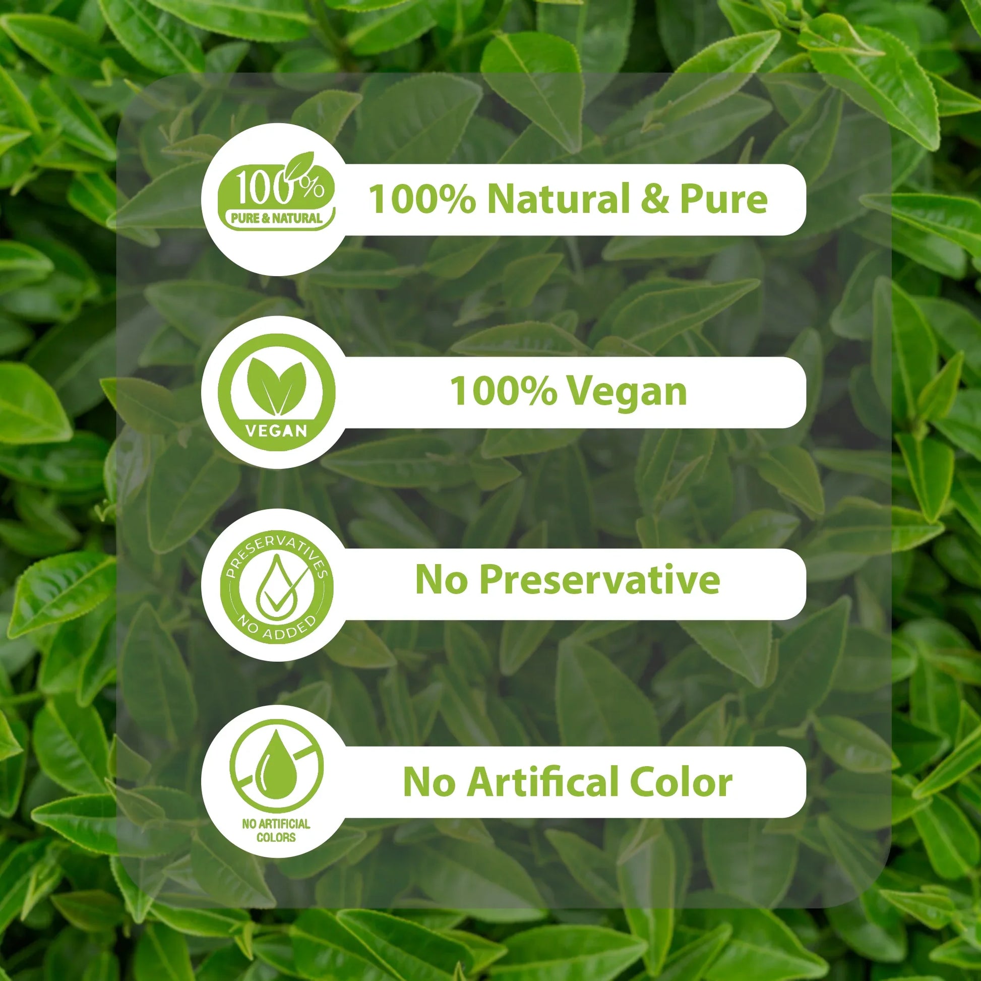 Green leaves background with text icons stating 100% Natural & Pure, 100% Vegan, No Preservative, and No Artificial Color