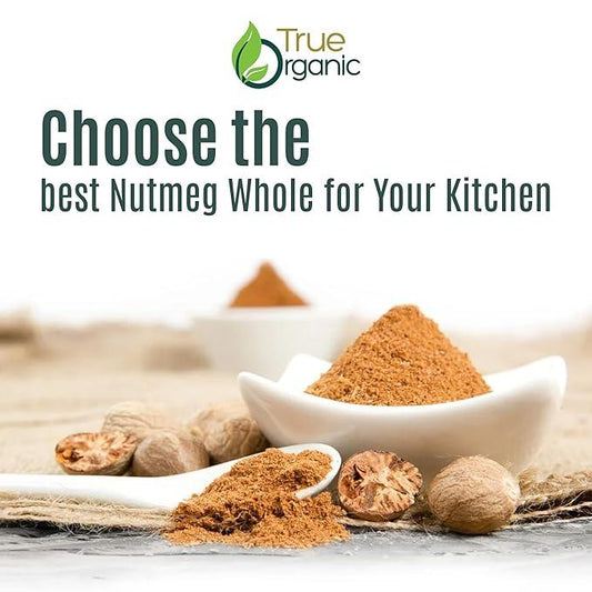 True Organic logo with whole nutmegs and ground nutmeg in white bowl and spoon, kitchen spice