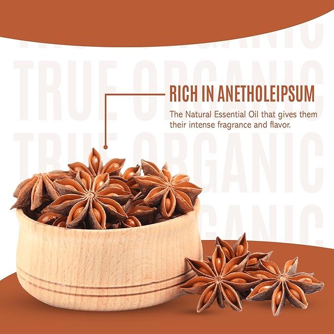 Star anise spice in a wooden bowl with text highlighting its rich anetholeipsum essential oil content
