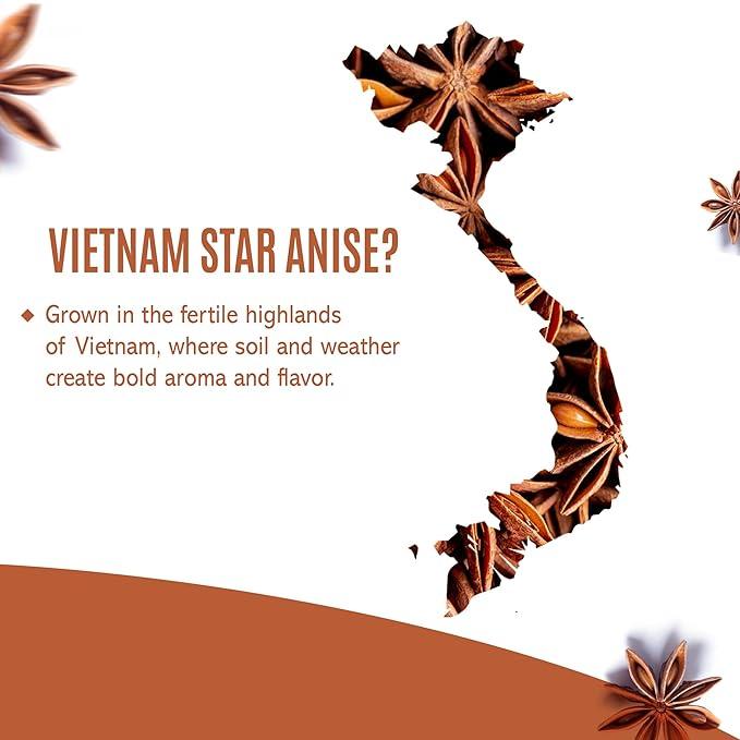 Vietnam map filled with star anise, highlighting highland-grown star anise with bold aroma and flavor