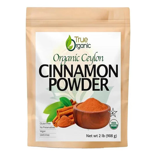 True Organic Ceylon Cinnamon Powder in resealable kraft pouch with wooden bowl and cinnamon sticks, USDA organic