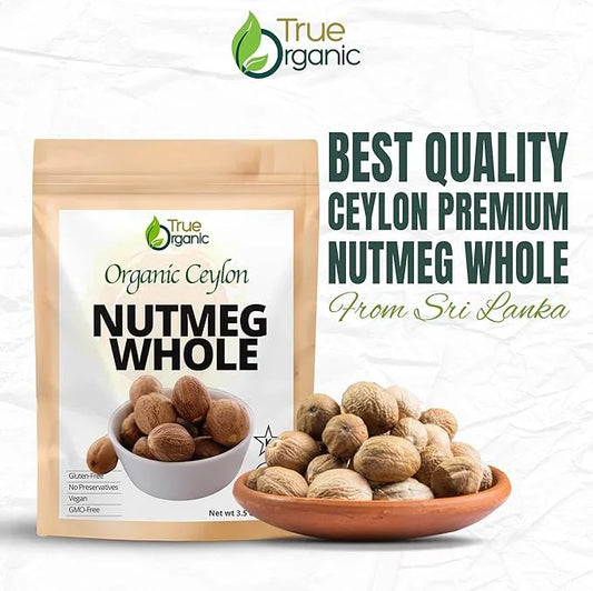 True Organic package of whole Ceylon nutmeg with bowl of whole nutmeg seeds, premium quality from Sri Lanka