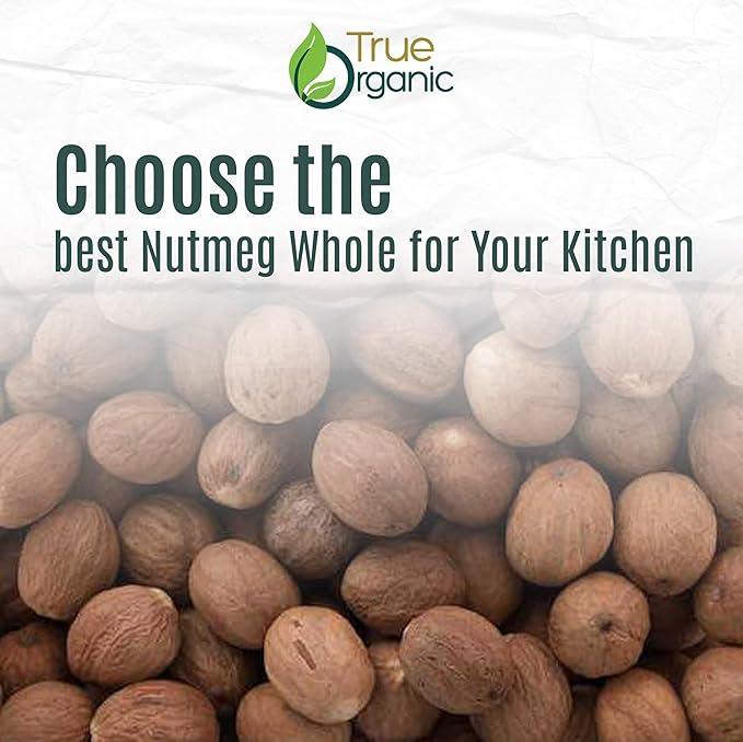 True Organic logo above text promoting best whole nutmeg for kitchen with pile of whole nutmeg background