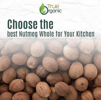 True Organic logo above text promoting best whole nutmeg for kitchen with pile of whole nutmeg background