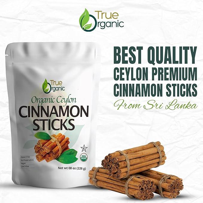 True Organic Ceylon cinnamon sticks package with tied cinnamon bundles, premium spice from Sri Lanka