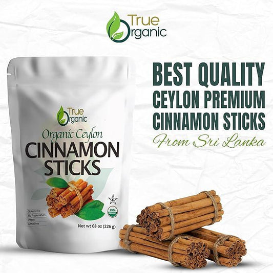 True Organic Ceylon cinnamon sticks package with tied cinnamon bundles, premium spice from Sri Lanka