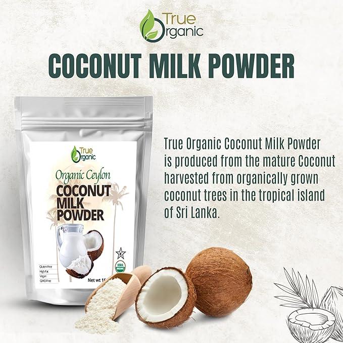 True Organic Ceylon Coconut Milk Powder package with fresh coconut and powder on white background