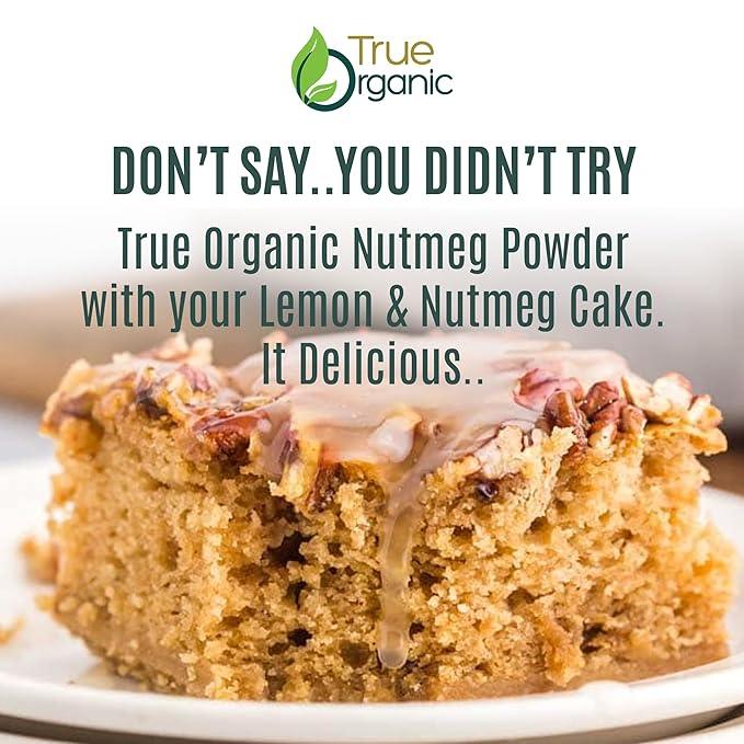 Close-up of moist lemon and nutmeg cake slice with glaze and nuts, promoted with True Organic Nutmeg Powder