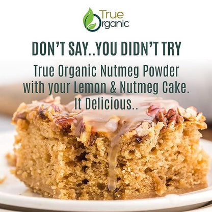 Close-up of moist lemon and nutmeg cake slice with glaze and nuts, promoted with True Organic Nutmeg Powder