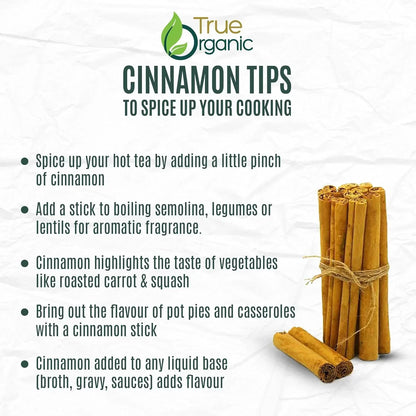 True Organics cinnamon tips graphic with Ceylon cinnamon sticks and cooking suggestions.