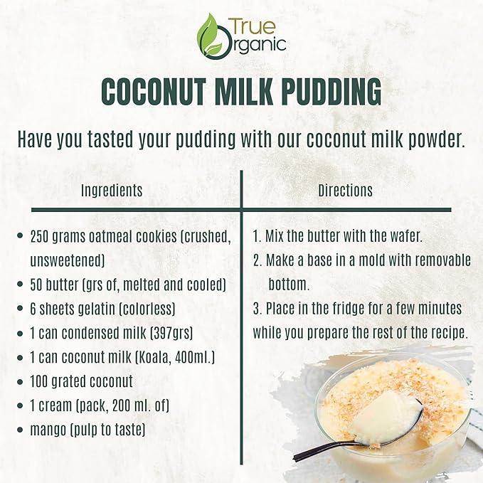 True Organic coconut milk pudding recipe with oatmeal cookie crust and creamy coconut topping