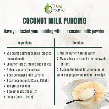 True Organic coconut milk pudding recipe with oatmeal cookie crust and creamy coconut topping