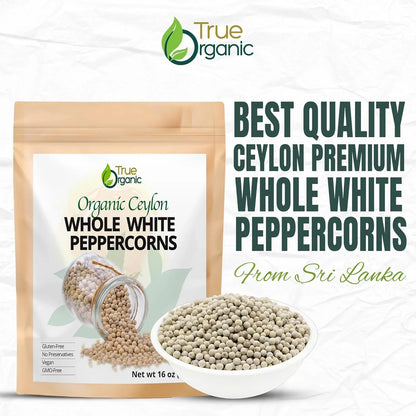 True Organic brand organic Ceylon whole white peppercorns package with bowl of peppercorns