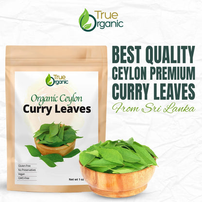 True Organic brand package of 1 oz organic Ceylon curry leaves with a wooden bowl of fresh green curry leaves