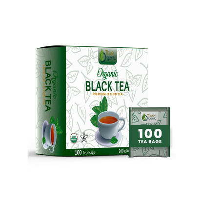 True Organic organic black tea box with 100 tea bags, premium Ceylon tea, cup of brewed tea