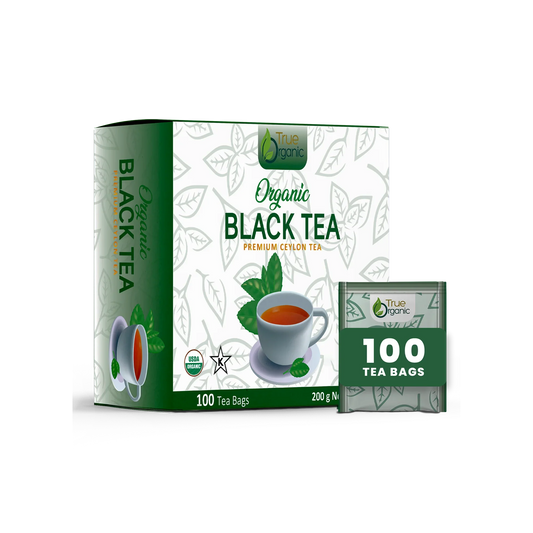 True Organic organic black tea box with 100 tea bags, premium Ceylon tea, cup of brewed tea